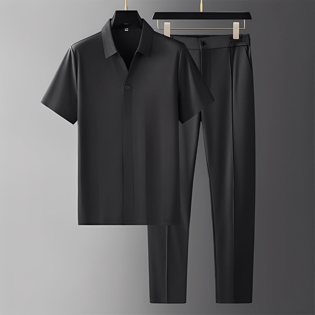 Conjunto de moda masculina: polo curto e calças confortáveis para looks elegantes. Ideal para o homem moderno.