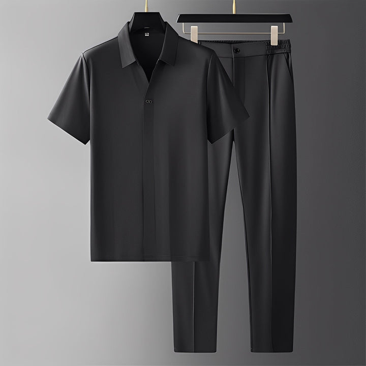 Conjunto de moda masculina: polo curto e calças confortáveis para looks elegantes. Ideal para o homem moderno.