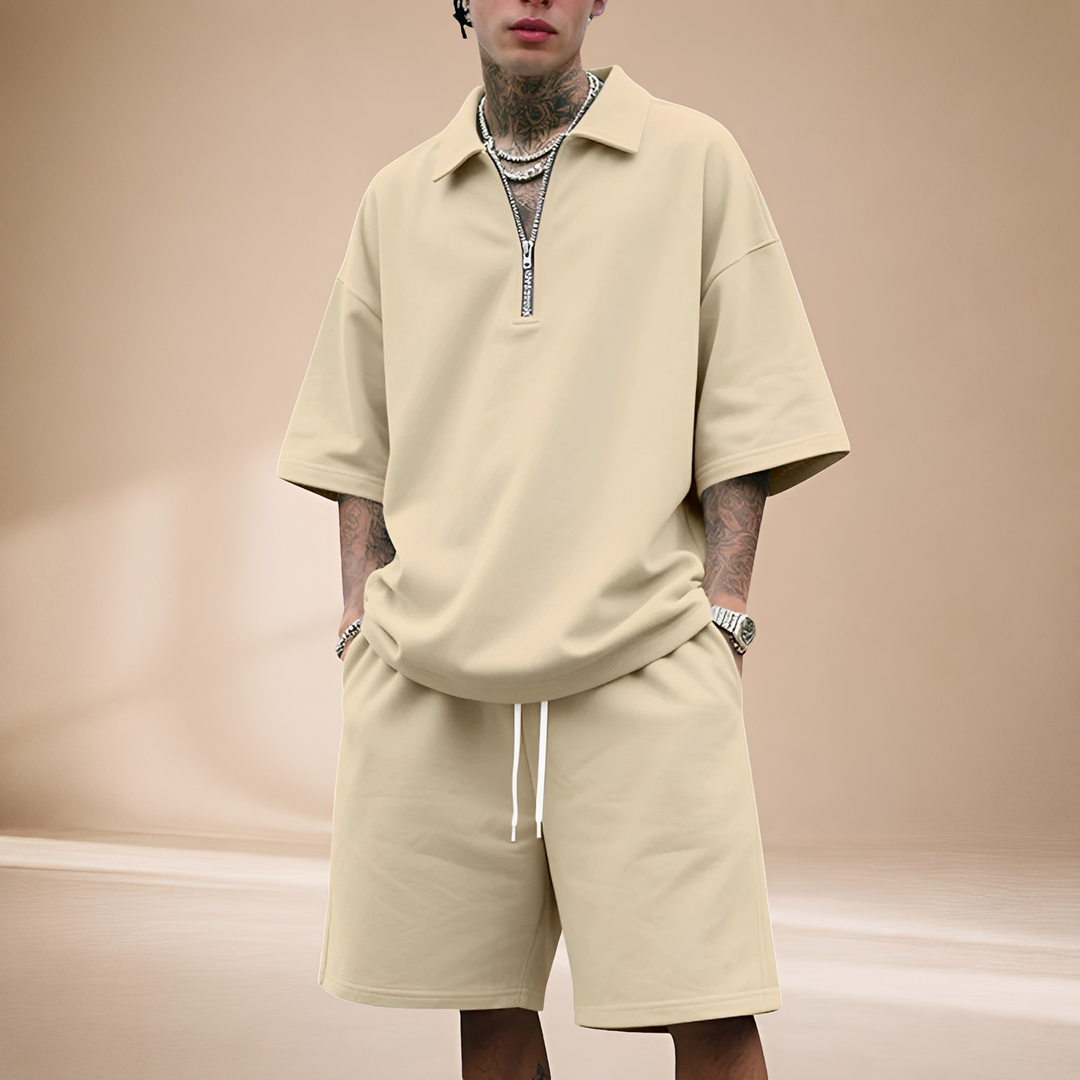 Conjunto masculino solto de verão com zíper, ideal para conforto e estilo casual na moda masculina.