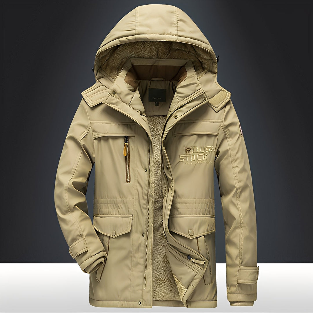 Casaco masculino de inverno quente com capuz, ideal para o frio intenso e proteção durável em viagens.