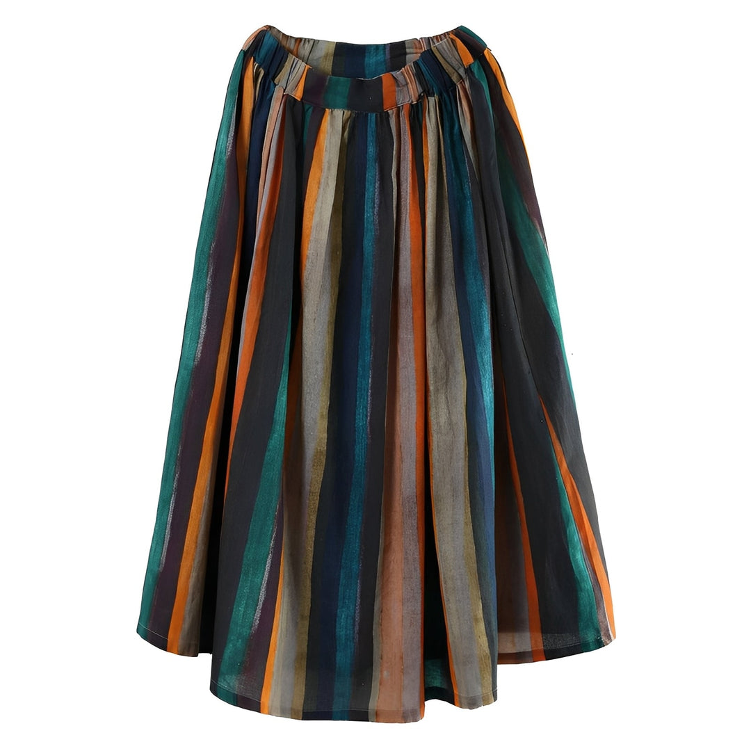 Saia feminina listrada de linha A amarela e verde para moda casual. Roupa de verão elegante com estilo e conforto.