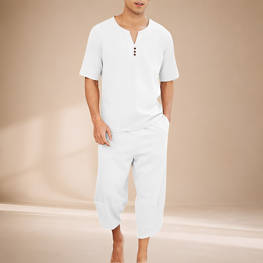 Conjunto masculino cropped relaxado para verão, estilo moderno. Roupa confortável e casual para moda urbana.