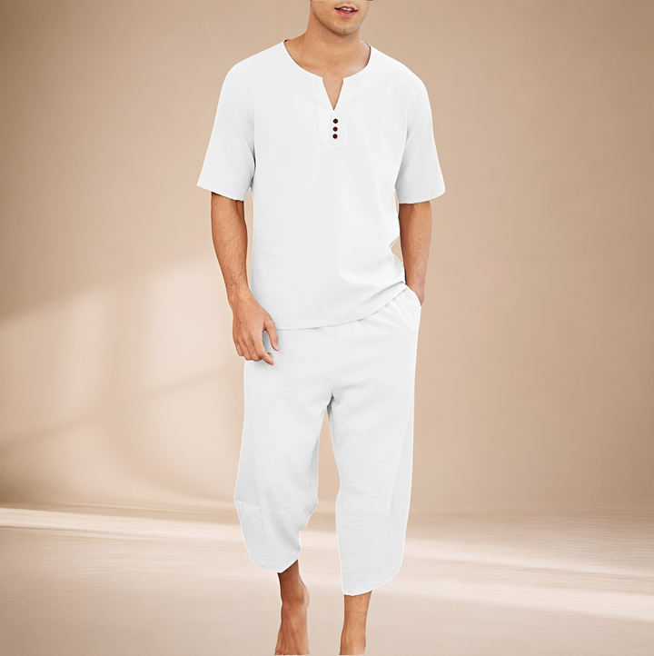 Conjunto masculino cropped relaxado para verão, estilo moderno. Roupa confortável e casual para moda urbana.