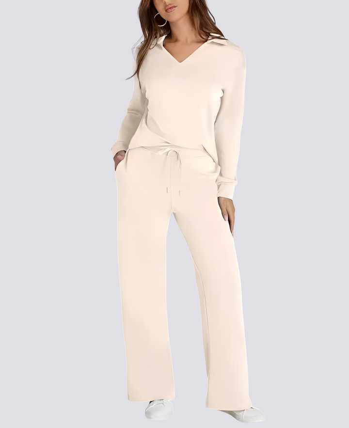 Roupa feminina casual para o dia a dia, com decote V e cós elástico. Conjunto confortável e estiloso.