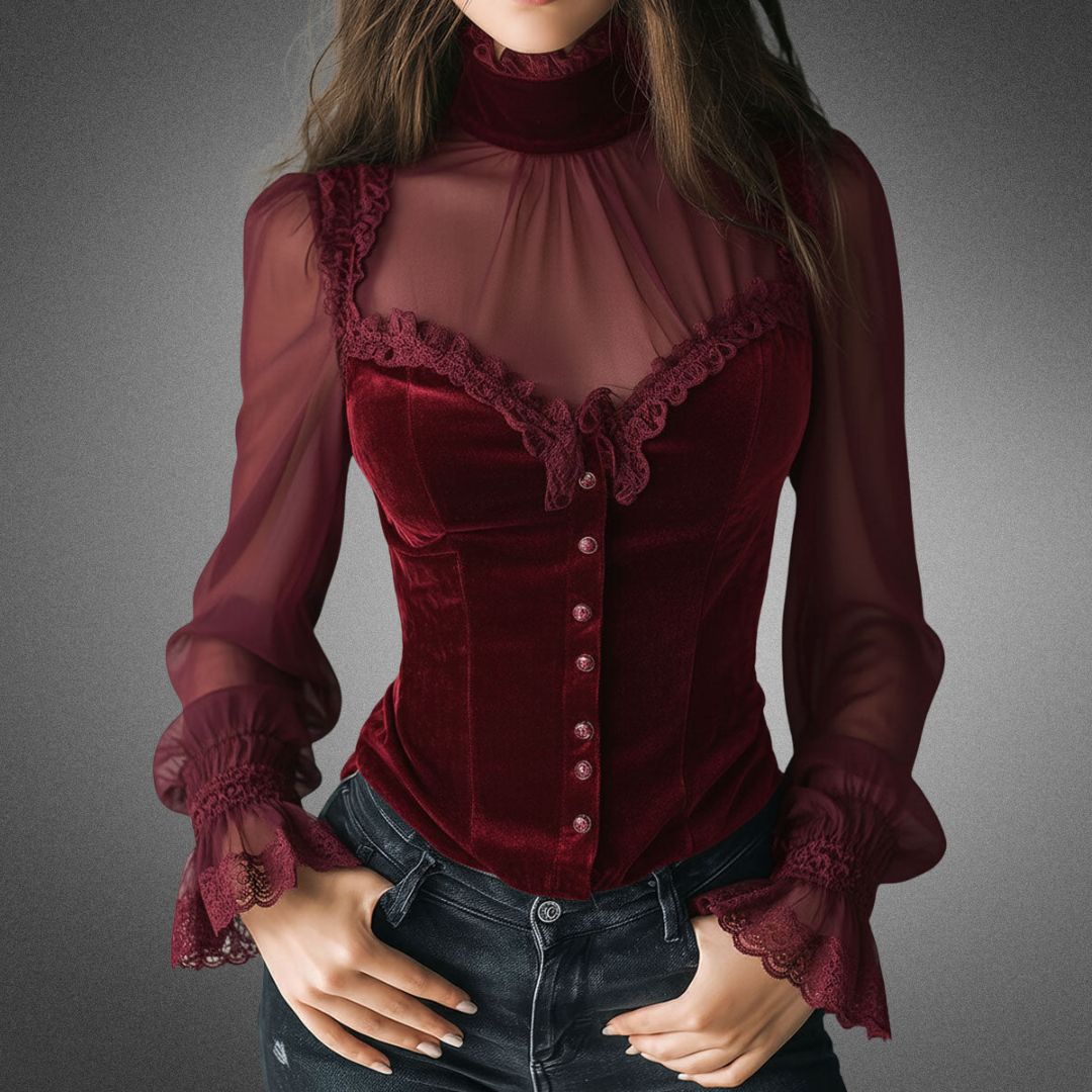 Vestuário feminino elegante: blusa de renda com mangas transparentes, ideal para festas e eventos sociais.