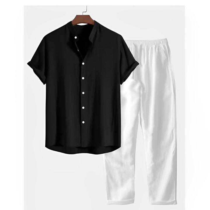 Conjunto de verão casual masculino, em tecido leve, ideal para conforto e estilo na moda masculina.