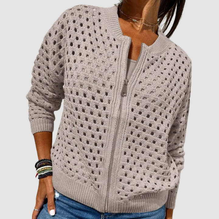 Cárdigan Desiré feminino com zíper, peça de roupa feminina para inverno, combina elegância e calor.