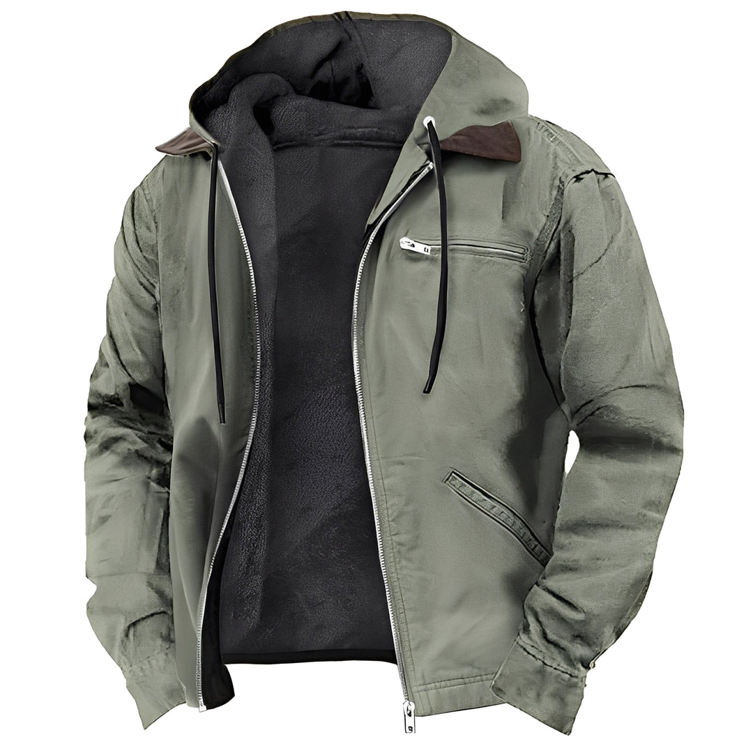 Casaco masculino casual com capuz e bolsos práticos. Roupa versátil para o inverno, agasalho confortável.