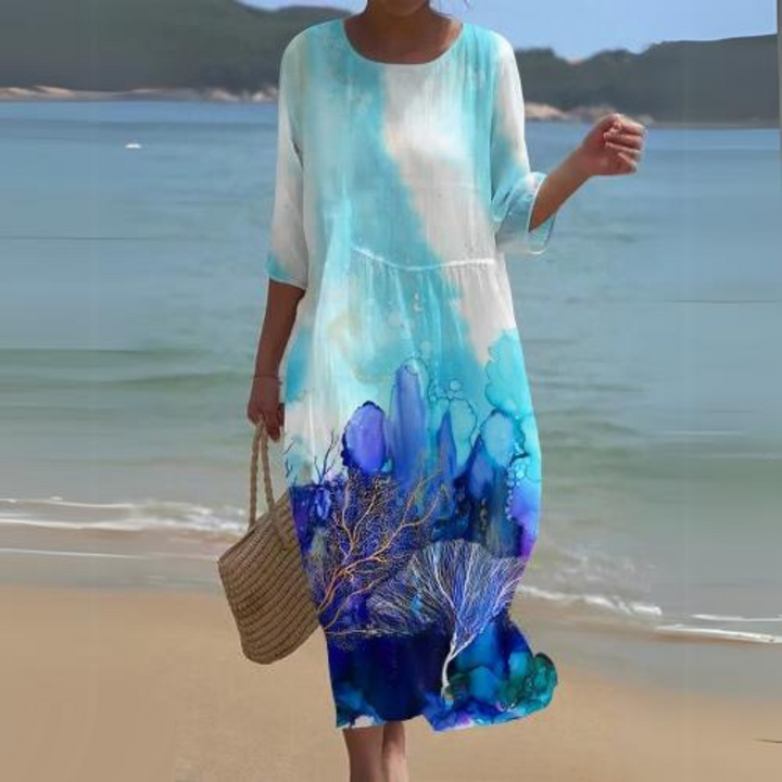 Vestido midi feminino Alina, design fluido e elegante. Perfeito para primavera/verão e ocasiões especiais.