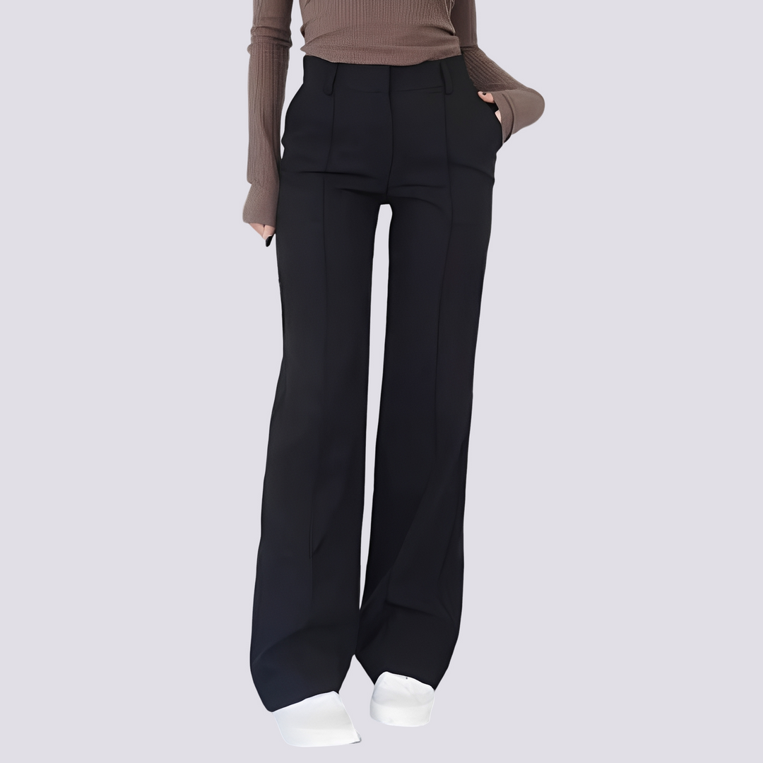 Calças femininas versáteis de cintura alta, combinam conforto e estilo casual para um look elegante.
