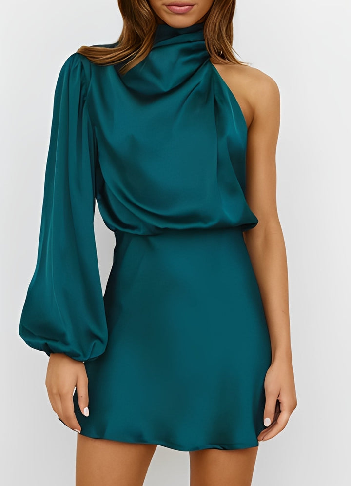 Moda feminina: Vestido formal elegante um ombro manga longa, perfeito para eventos especiais.
