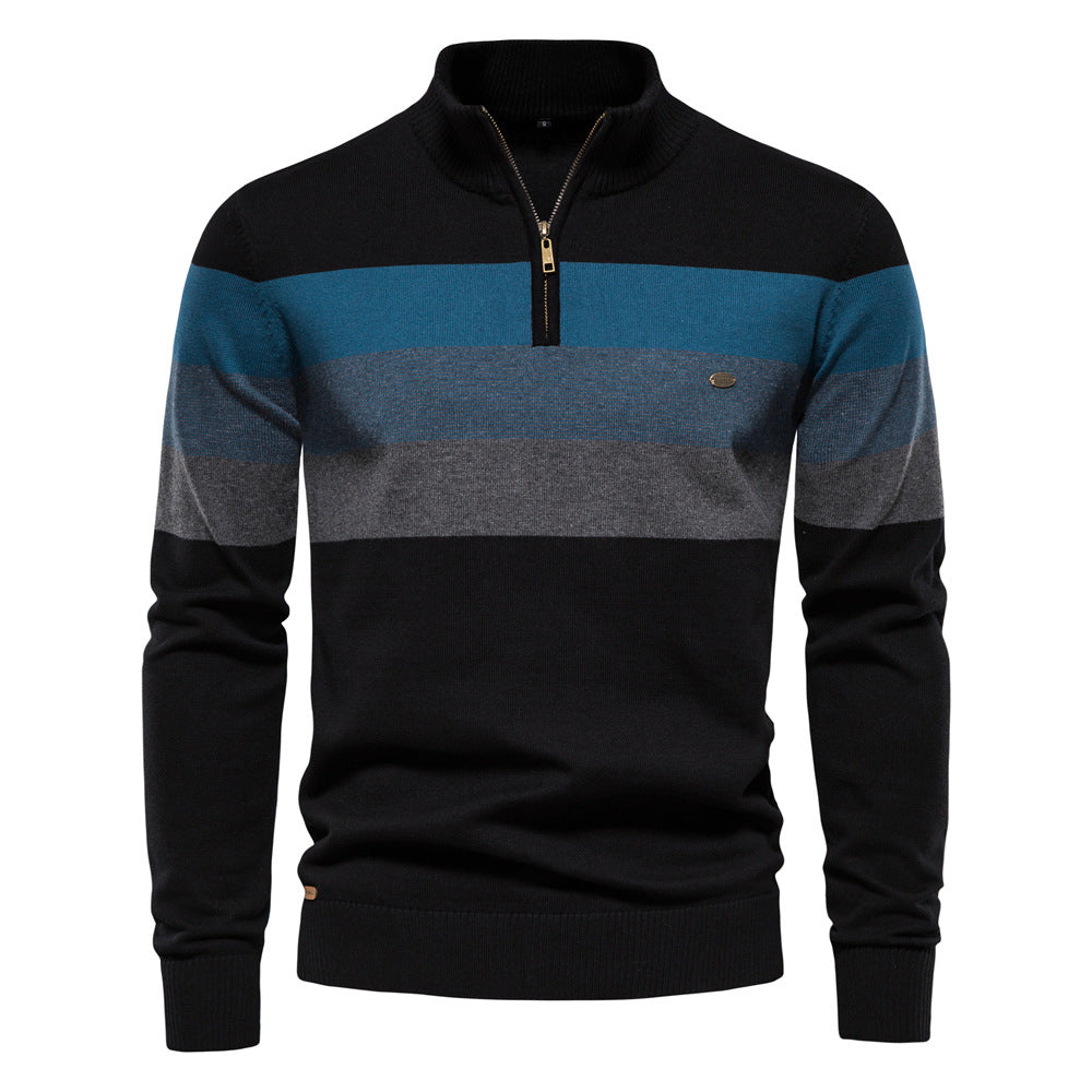 Camisola masculina listrada com zíper, um pulôver elegante para moda de outono/inverno. Conforto e estilo em uma peça.