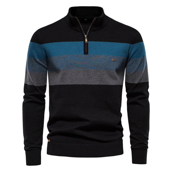 Camisola masculina listrada com zíper, um pulôver elegante para moda de outono/inverno. Conforto e estilo em uma peça.