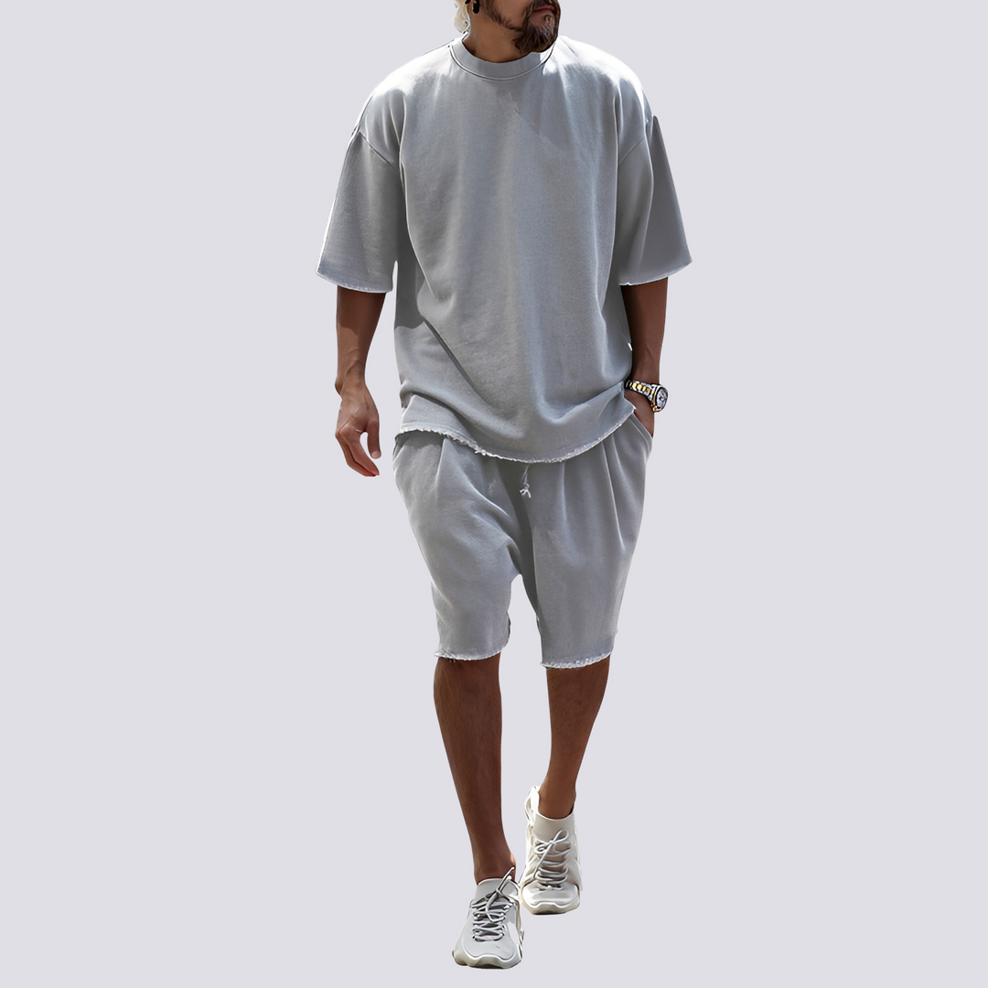Estiloso conjunto masculino casual solto, perfeito para o verão. Moda masculina confortável e moderna.