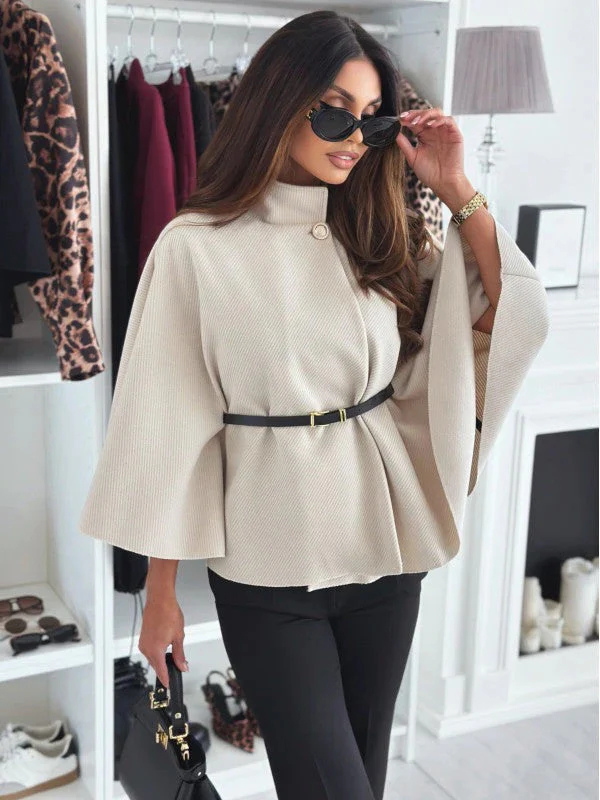 Casaco feminino elegante cinza de cintura fina para moda outono/inverno. Agasalho versátil e chique.