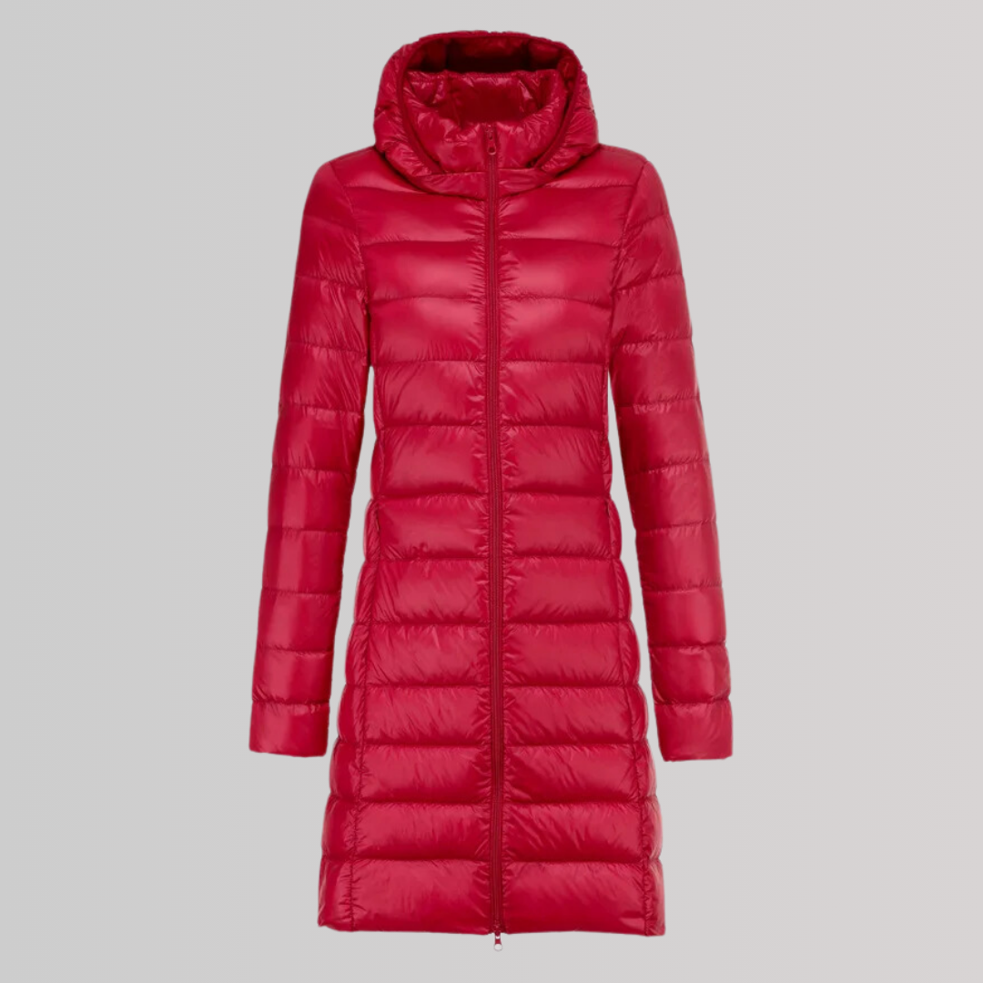 Casaco comprido ultraleve feminino, perfeito para vestuário versátil. Roupa de inverno elegante e confortável.