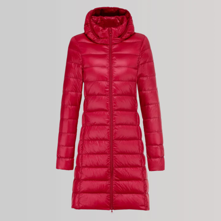 Casaco comprido ultraleve feminino, perfeito para vestuário versátil. Roupa de inverno elegante e confortável.