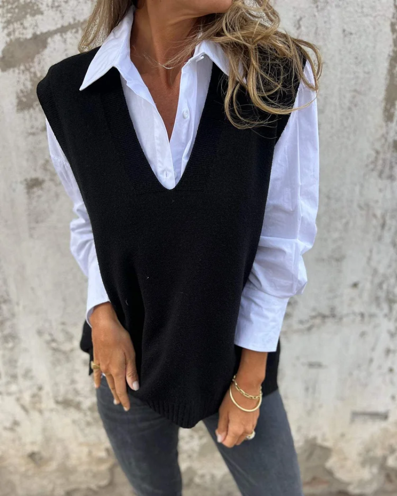 Colete feminino versátil, ideal para sobreposição. Crie looks de outono-inverno com estilo, conforto e um toque chique.