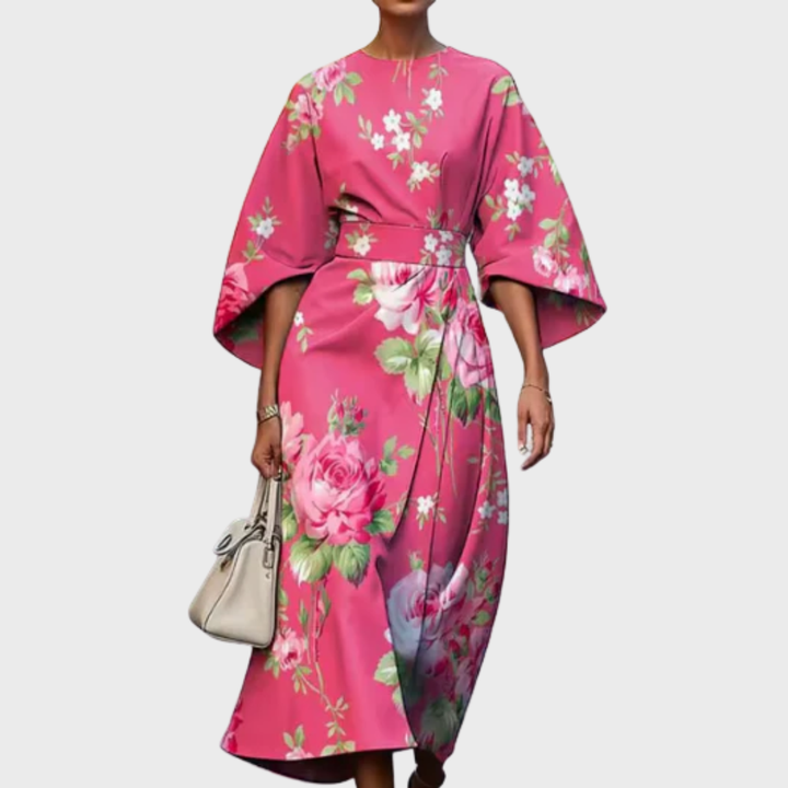 Roupa feminina: Vestido midi floral estampado com cintura marcada, elegante para eventos casuais e de verão.