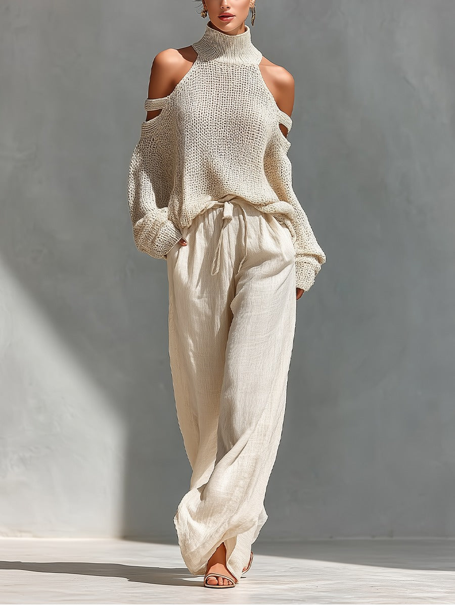 Conjunto feminino moderno e elegante com calças de cintura alta e top de ombros descobertos, ideal para verão/primavera.