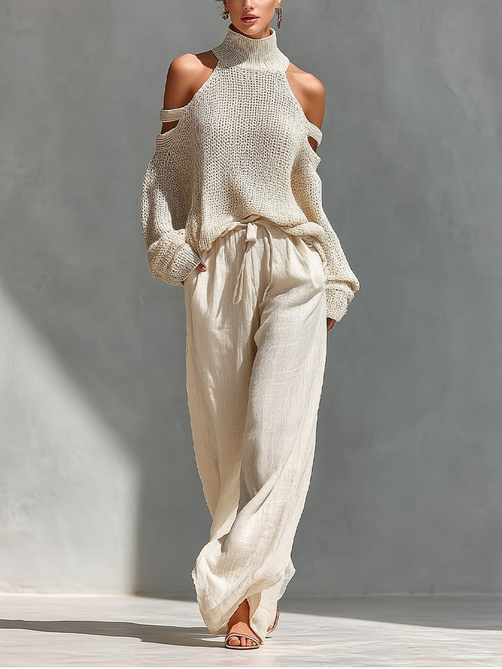 Conjunto feminino moderno e elegante com calças de cintura alta e top de ombros descobertos, ideal para verão/primavera.
