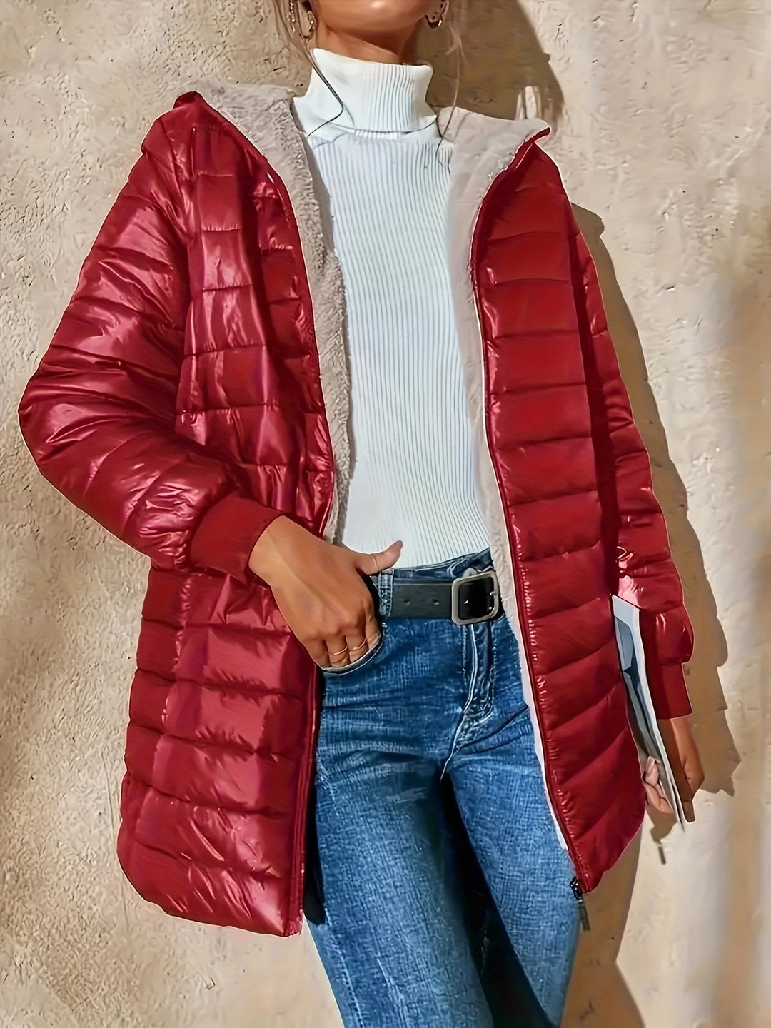 Casaco longo feminino de outono/inverno, estilo casual com zíper, moda e proteção versátil.
