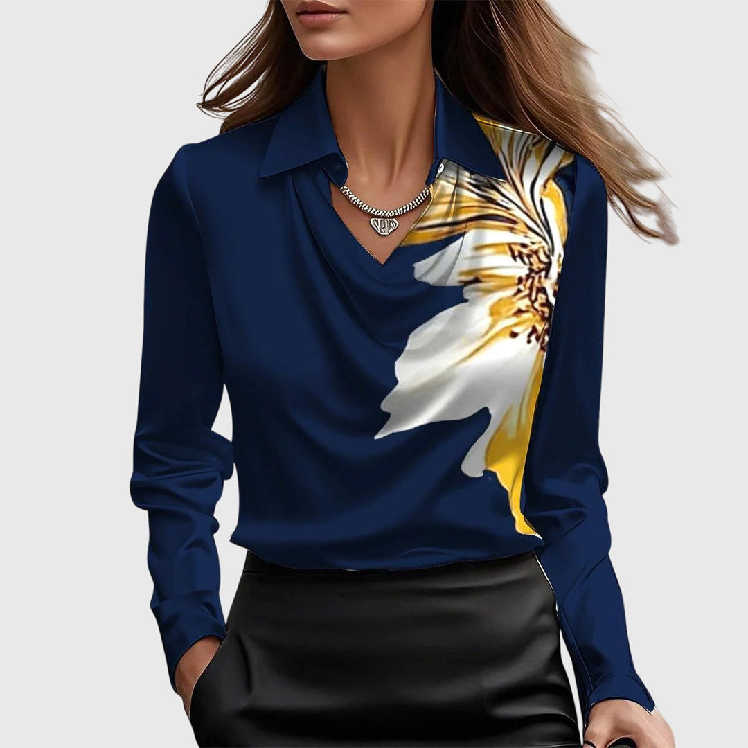 Blusa social feminina de decote cascata, ideal para eventos especiais e look dia a dia com conforto.