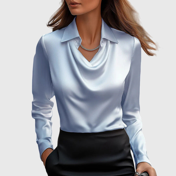 Blusa feminina para eventos especiais, decote cascata e estilo sofisticado, em várias cores.