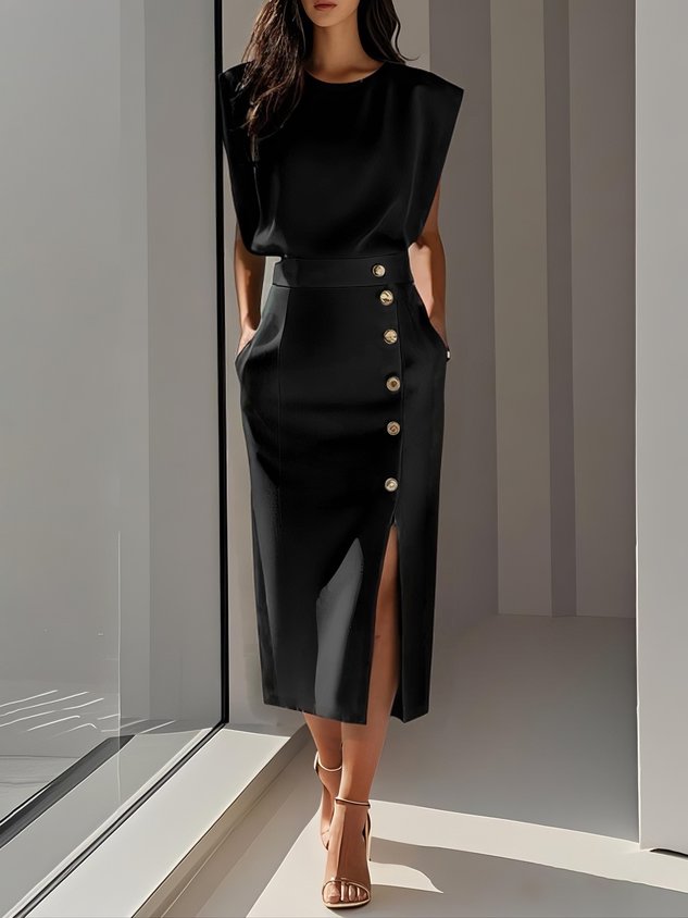 Vestido midi Aina feminino, ideal p/ look casual ou elegante, decote redondo e fenda moderna.