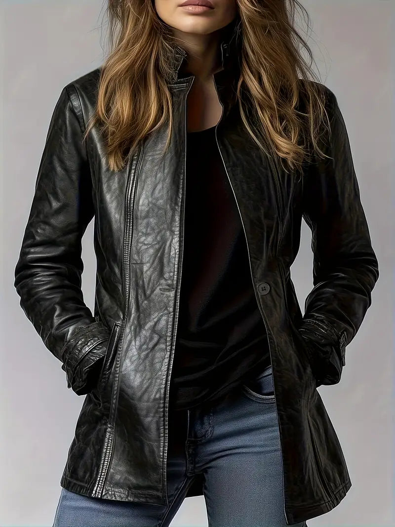 Jaqueta feminina casual com botões, estilo elegante. Perfeita para outono/primavera, versátil para looks modernos.