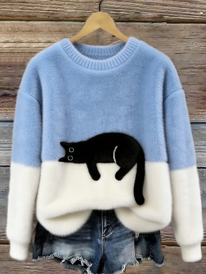Pulôver casual feminino com gato, essencial para o outono e inverno, muito confortável e estiloso.