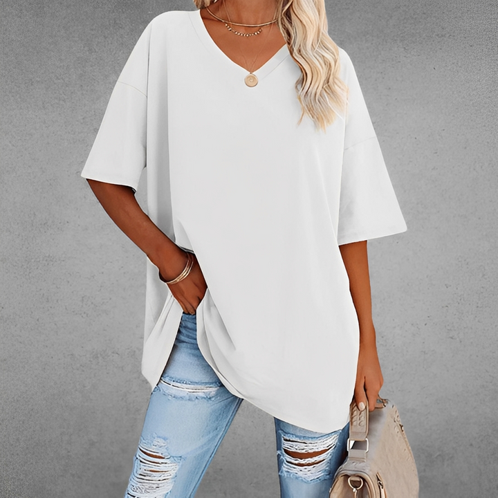 Top feminino elegante com decote V. Conforto e estilo para o verão. Roupa feminina versátil.
