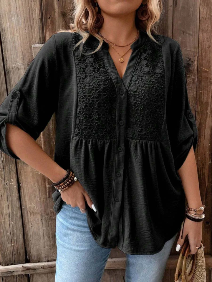Blusa feminina casual outono/primavera, decote V e botões, disponível em tamanhos grandes para conforto.