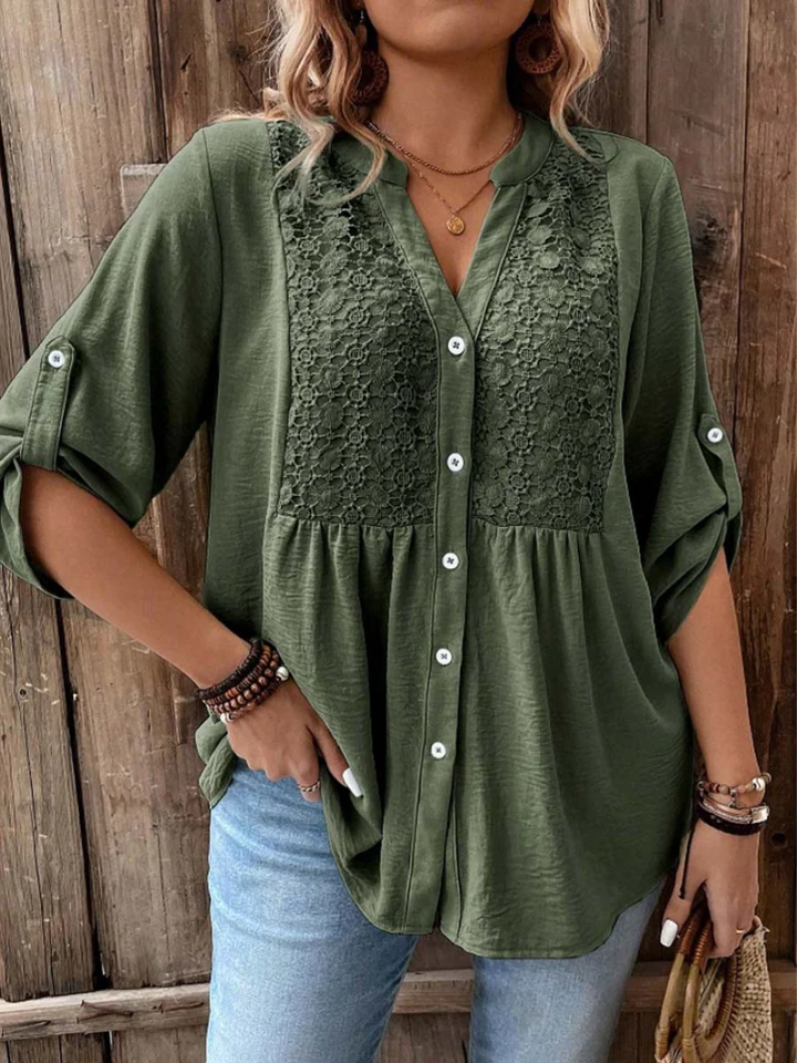 Roupa feminina versátil: blusa com decote V, botões frontais, estilo elegante para o dia a dia.