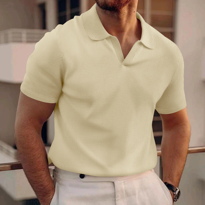 Camisa polo masculina waffle casual, tecido respirável para conforto no verão.