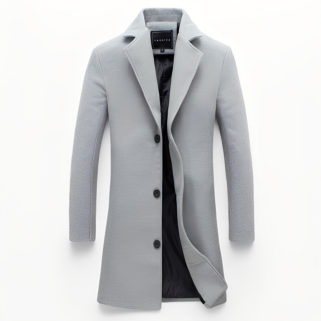 Casaco masculino elegante e formal, vista lateral. Um sobretudo de inverno que oferece conforto e estilo social.