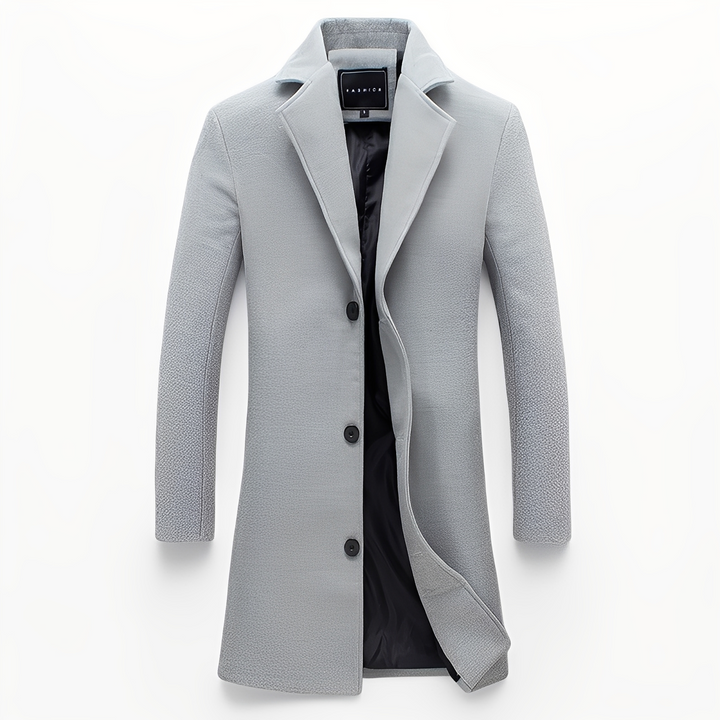 Casaco masculino elegante e formal, vista lateral. Um sobretudo de inverno que oferece conforto e estilo social.