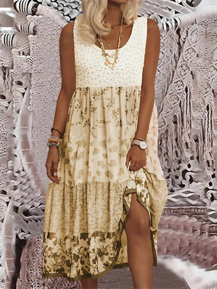 Vestido midi casual boho elegante, perfeito para dias ensolarados de verão.