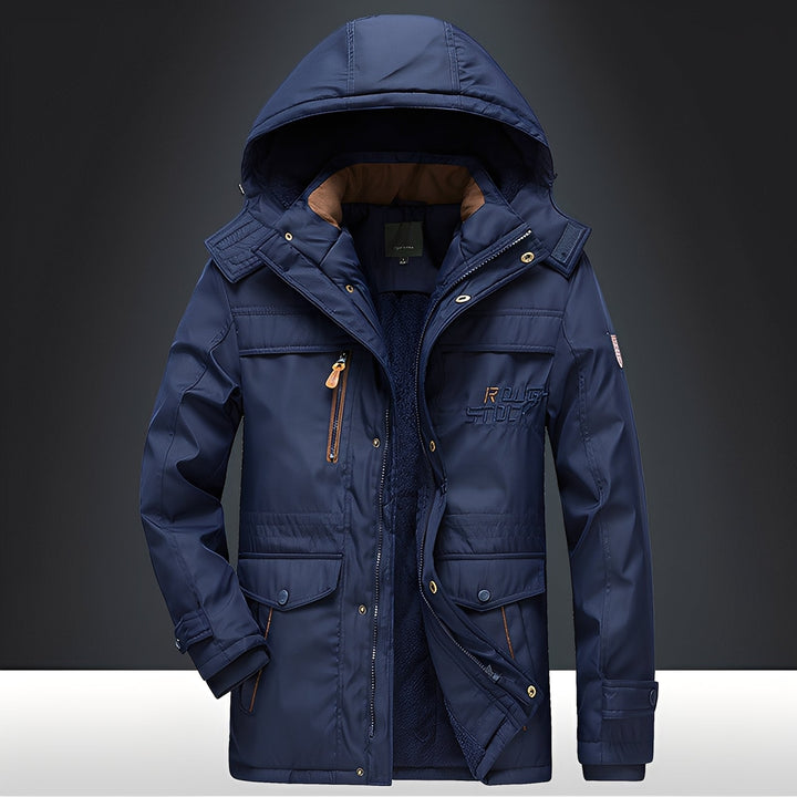 Casaco masculino de outwear para inverno, quente e com capuz, perfeito para proteção contra o frio extremo.