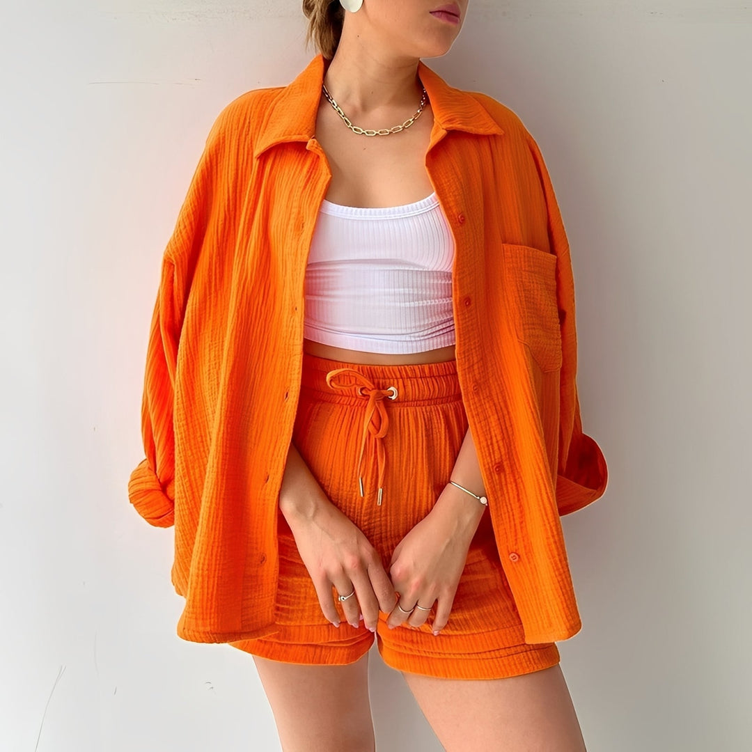 Conjunto casual feminino de manga longa e 2 peças, perfeito para o verão e moda confortável.