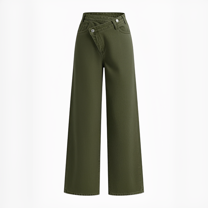 Calças femininas Jolina de cintura assimétrica e perna larga, uma tendência versátil para moda primavera e verão.