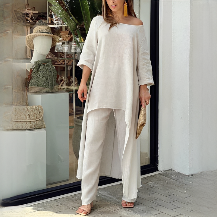 Conjunto feminino de duas peças casual e descontraído, perfeito para o verão e viagens. Conforto e estilo.