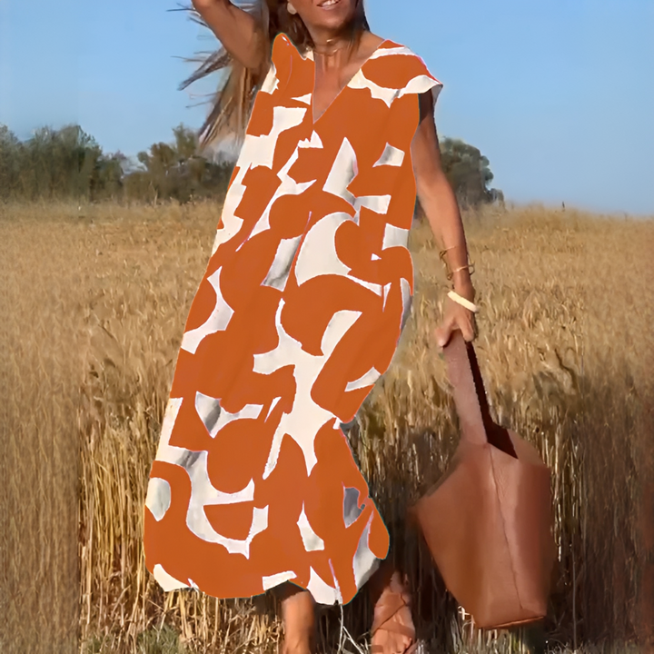 Vestido feminino elegante decote V, estilo solto e confortável. Ideal para moda casual e verão.