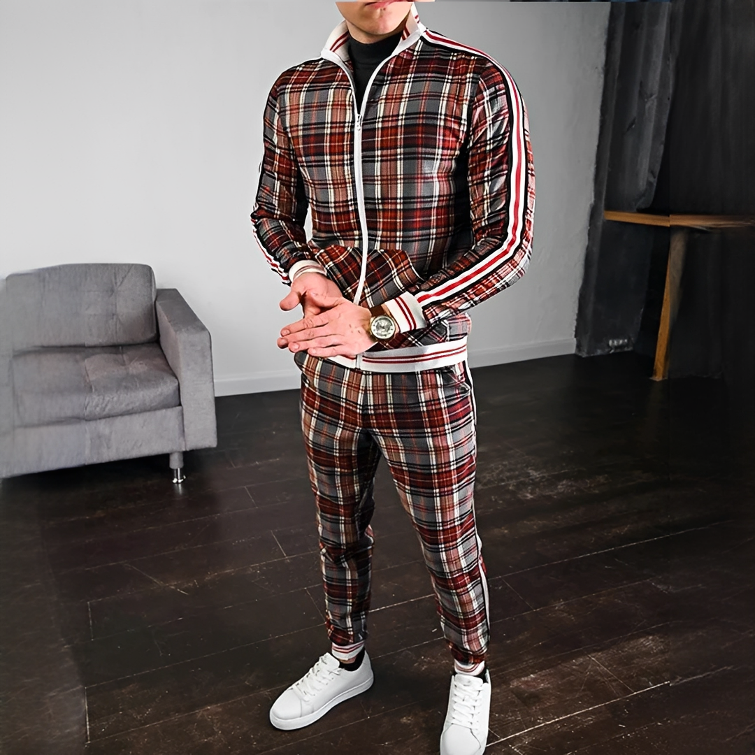 Conjunto masculino de duas peças, versátil para o outono e inverno. Roupa social casual e moderna com estilo.