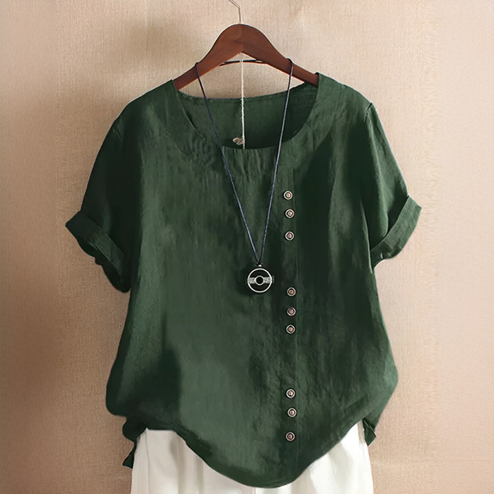 Blusinha feminina de verão com manga curta e decote redondo, estilo casual para moda feminina.