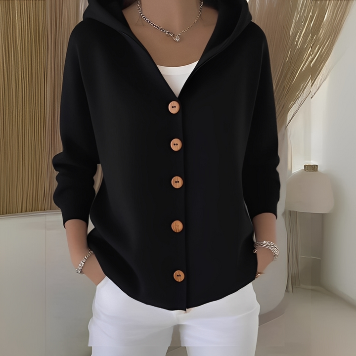 Cardigan feminino com capuz, manga longa e design confortável, perfeito para moda outono/inverno.