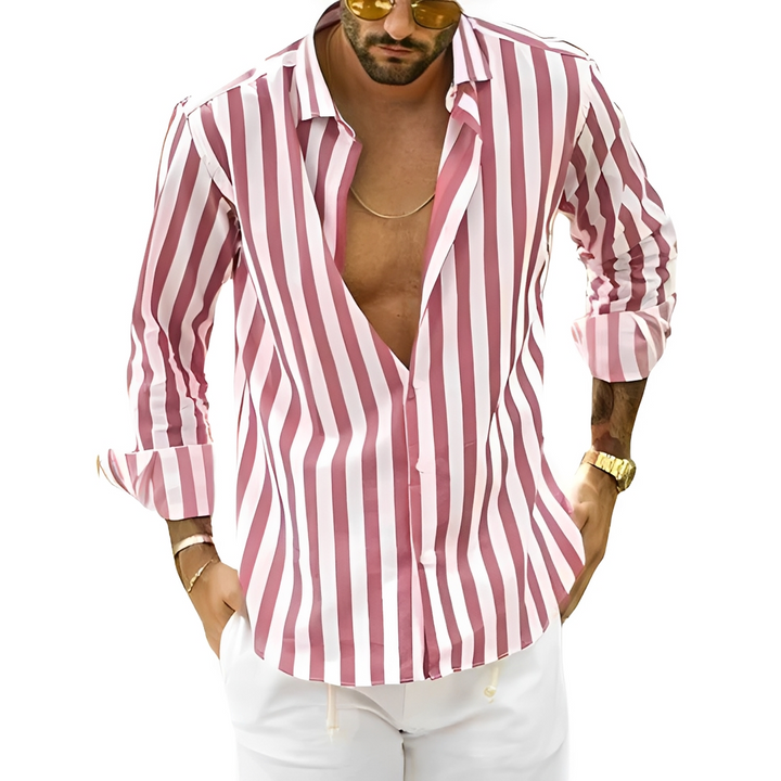 Camisa masculina listrada para verão, estilo casual e confortável. Peça versátil e elegante para moda.
