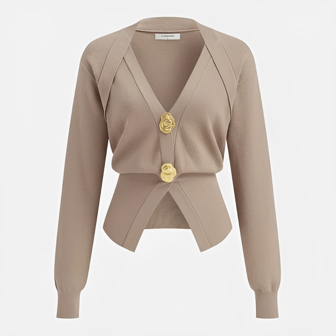Cardigan feminino elegante com botões, decote V. Moda outono para sobreposição casual. Roupa feminina versátil.