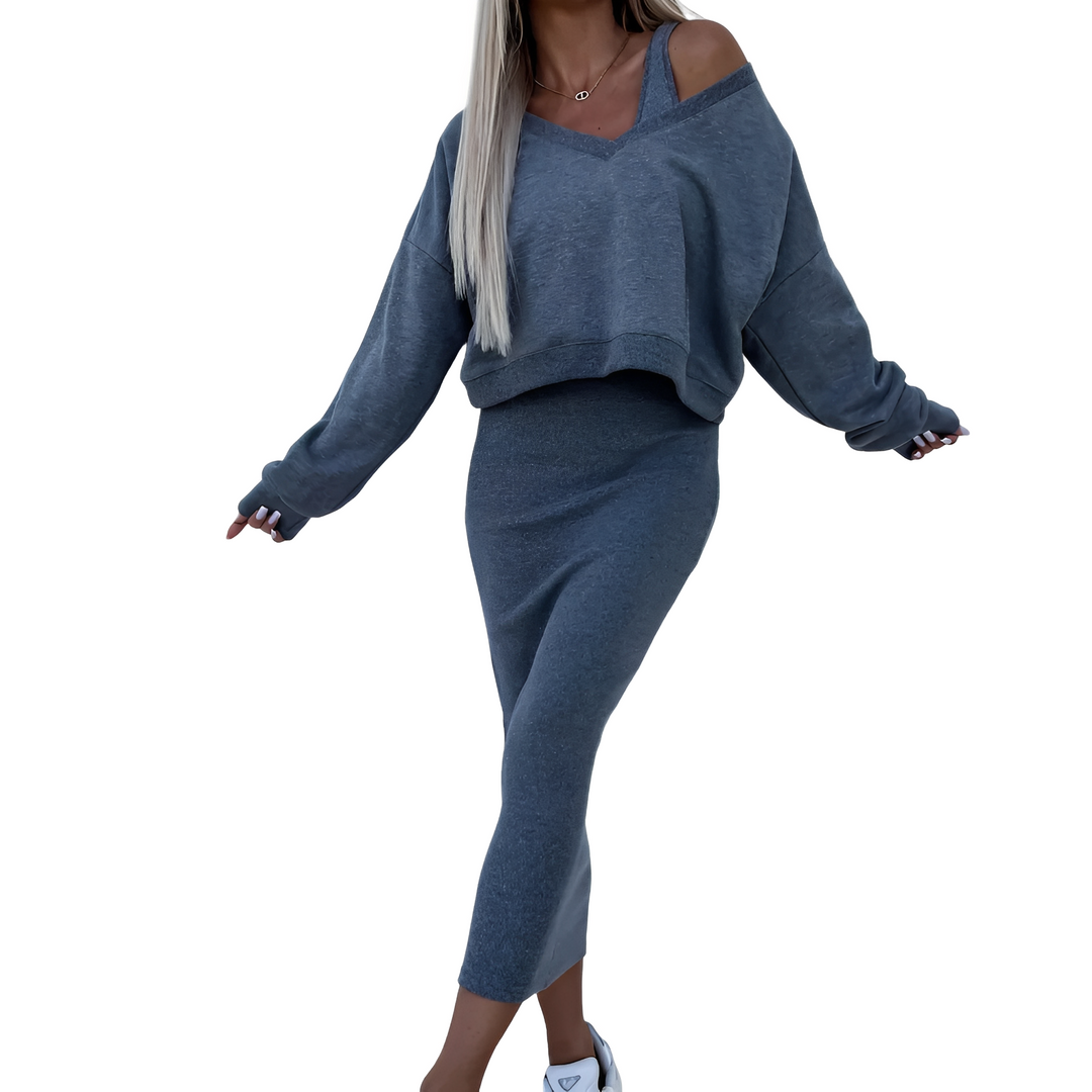 Blusa feminina elegante e saia midi do conjunto Tianna. Roupa versátil para um estilo chic e casual.