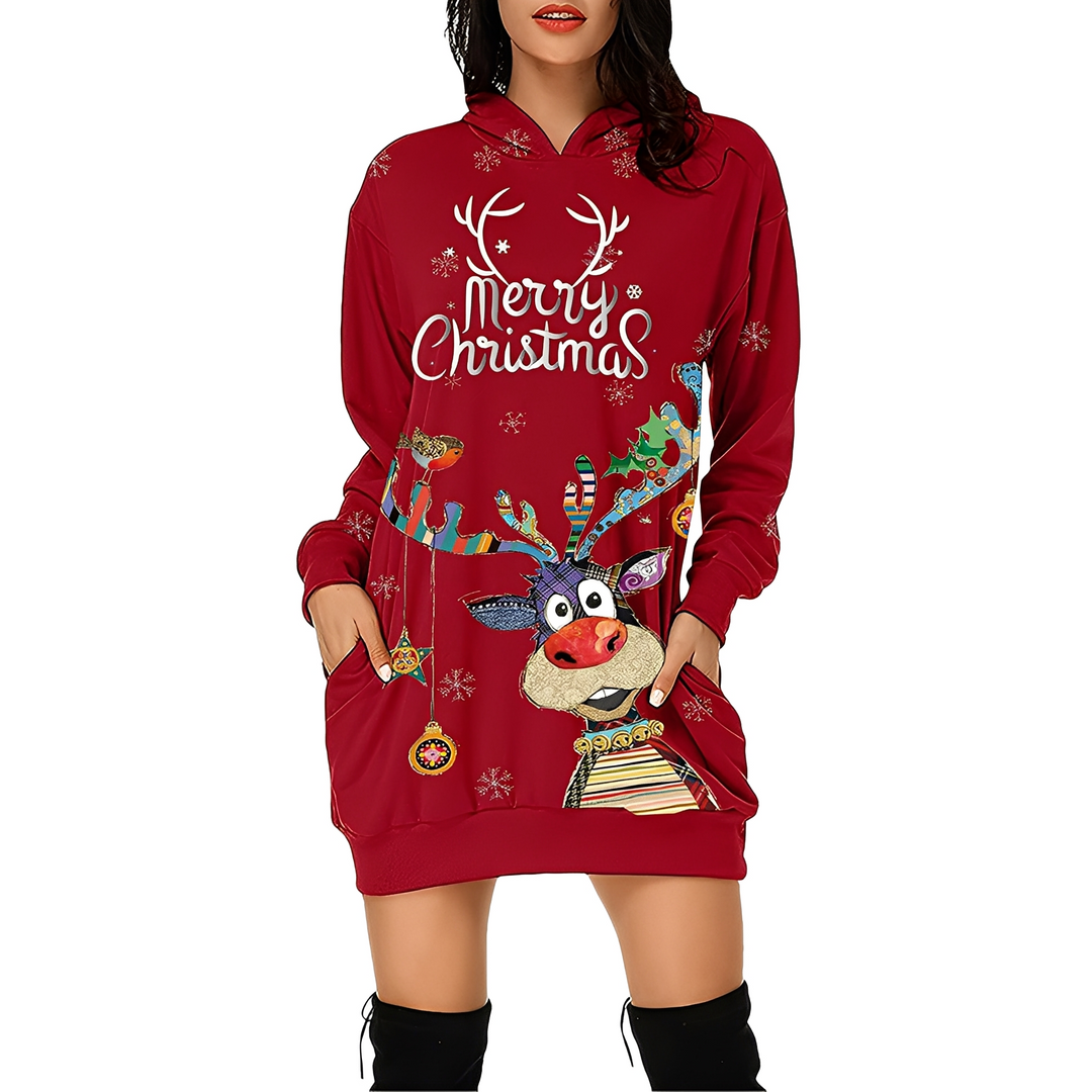Presente de Natal: Vestido feminino estampado com capuz. Roupa festiva e confortável de inverno.